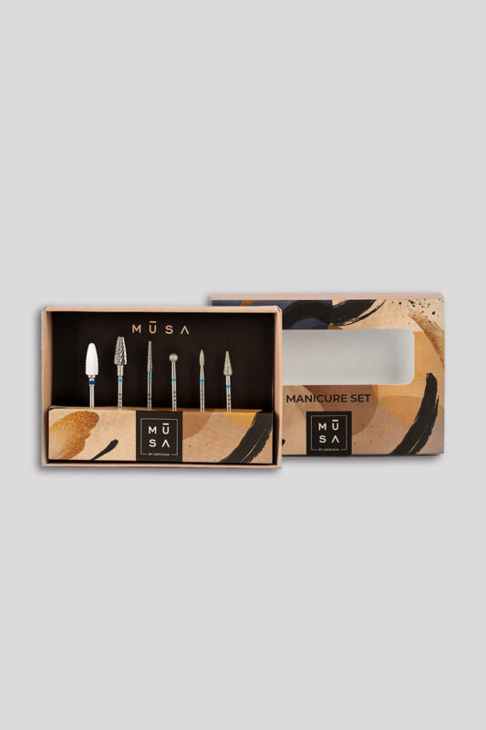 Професионален комплект за маникюр Musa Nails Medium с 6 накрайника за електрическа пила, подходящи за премахване на гел, dry manicure и почистване на кутикули.