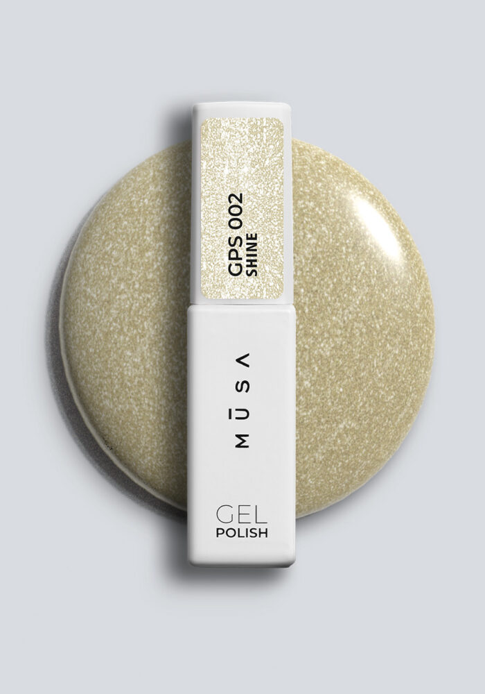 Златист glitter гел лак Musa Nails Shine GPS002 с микро брокат и блестящ ефект за дълготраен професионален маникюр.